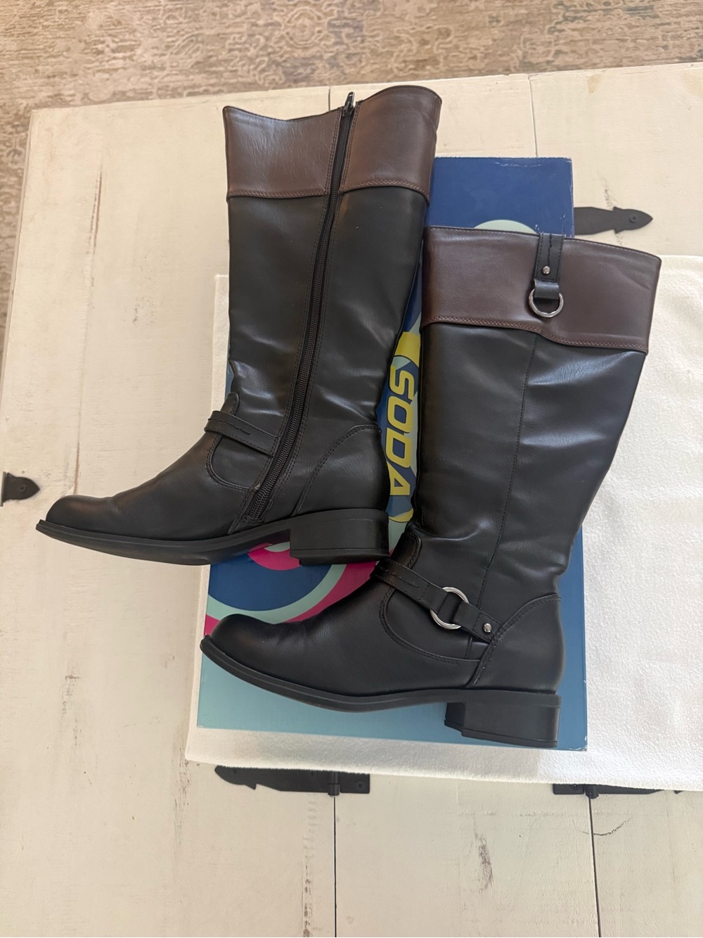 Two-Tone Tall Riding Boots - Black with Brown Cuff